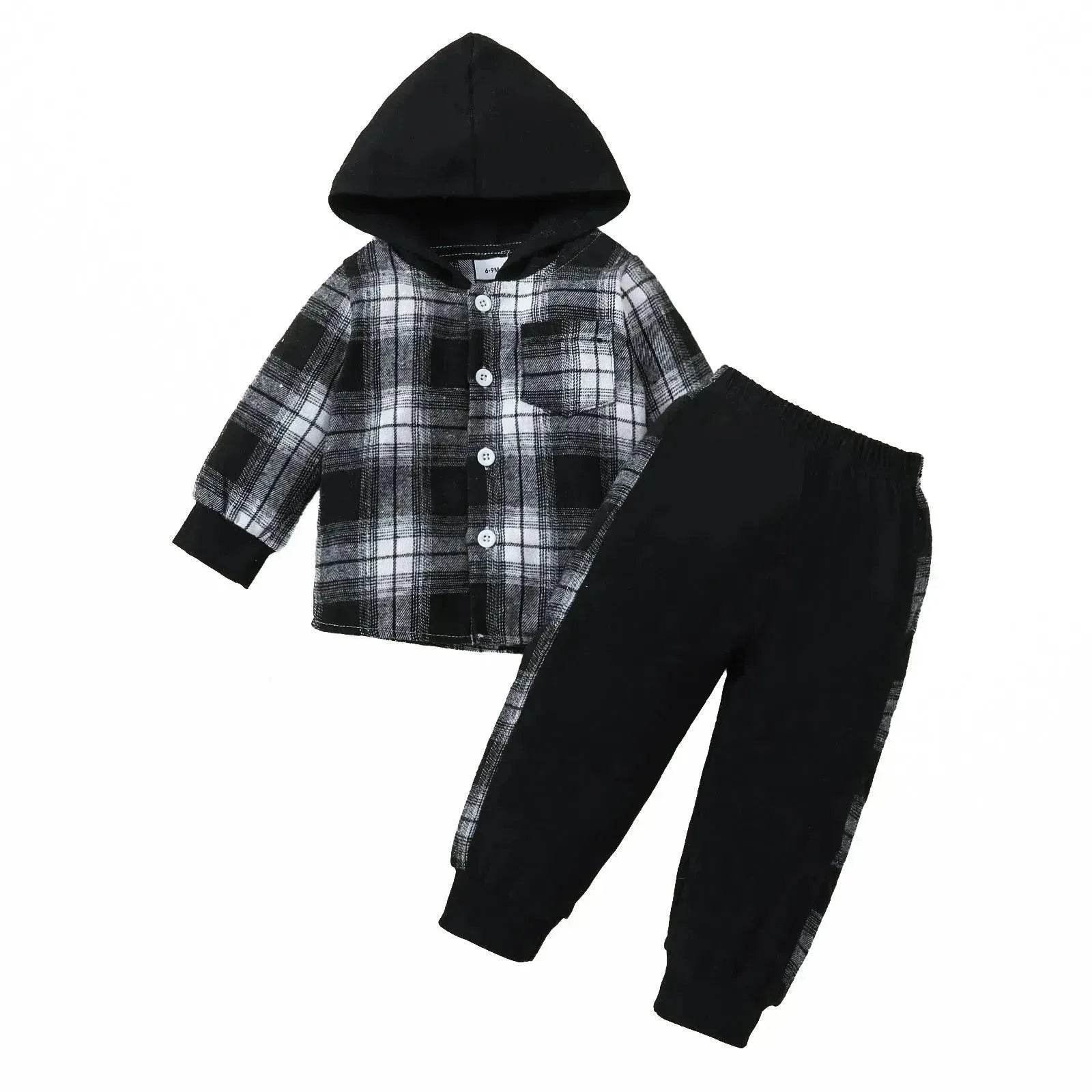 Toddler Baby Boy Classic Plaid Hooded Long Sleeve Shirt Contrast Color Trousers Suit Two piece for boys