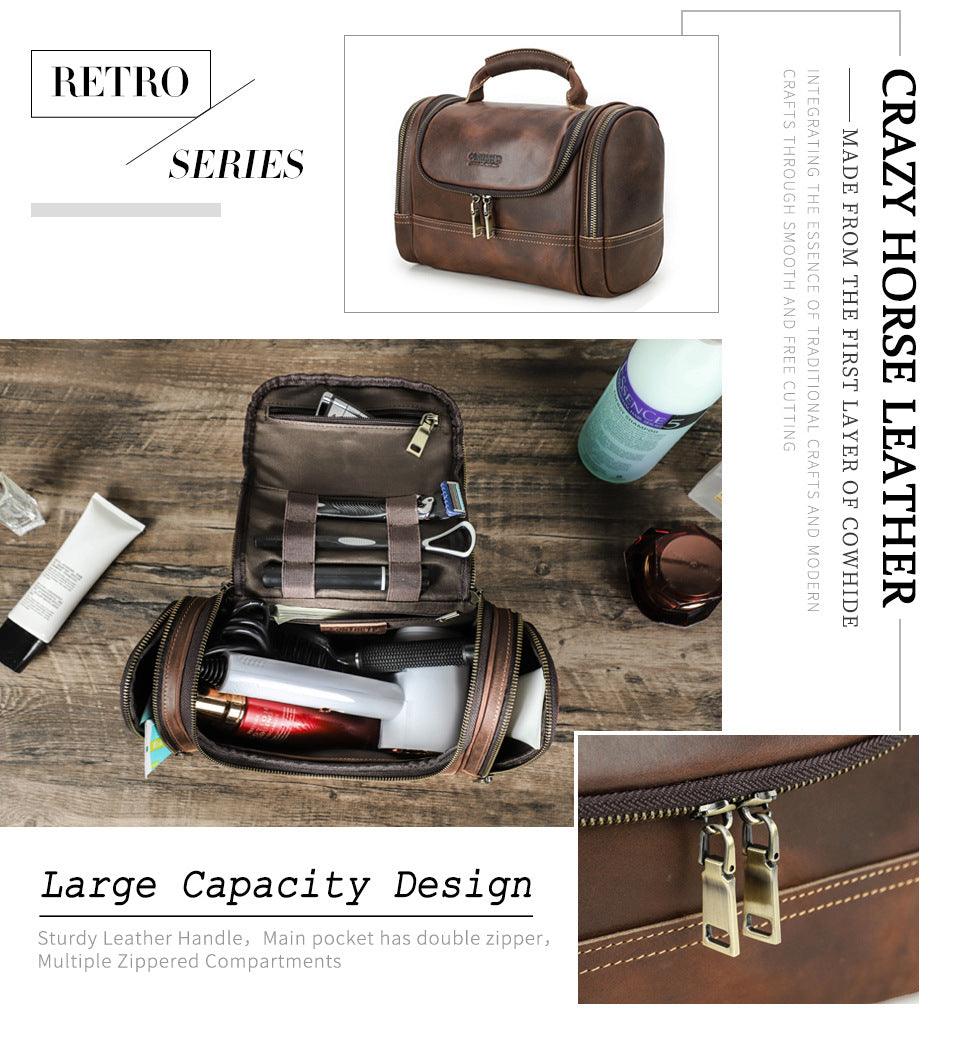 Crazy Horse Leather Travel Toiletry Bag Large Capacity Retro Men’s Dopp Kit