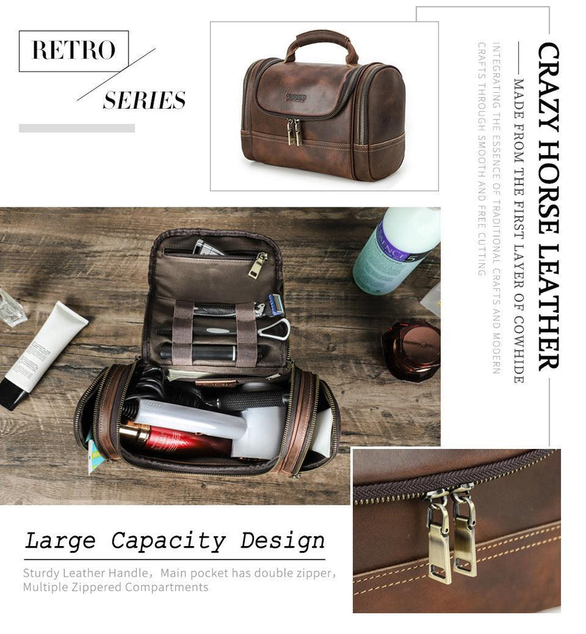 Crazy Horse Leather Travel Toiletry Bag Large Capacity Retro Men’s Dopp Kit