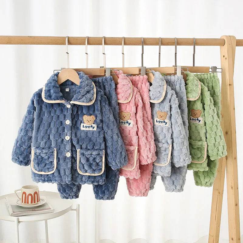Children Thick Winter Fleece Pajamas set boys girls kids