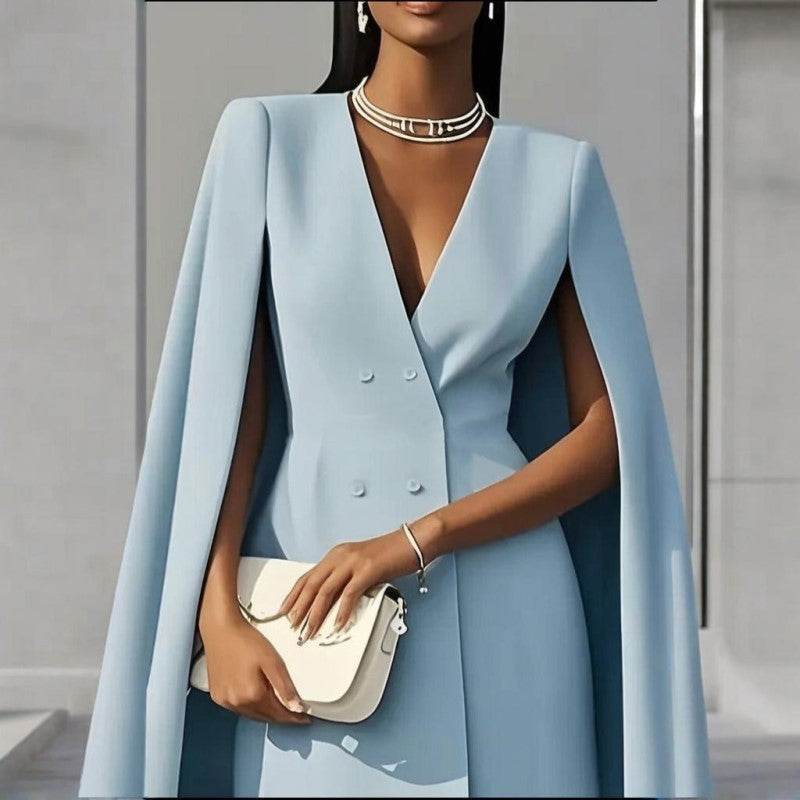 Formal V Neck Double-Breasted Mini Cape Sleeve Dress for Women