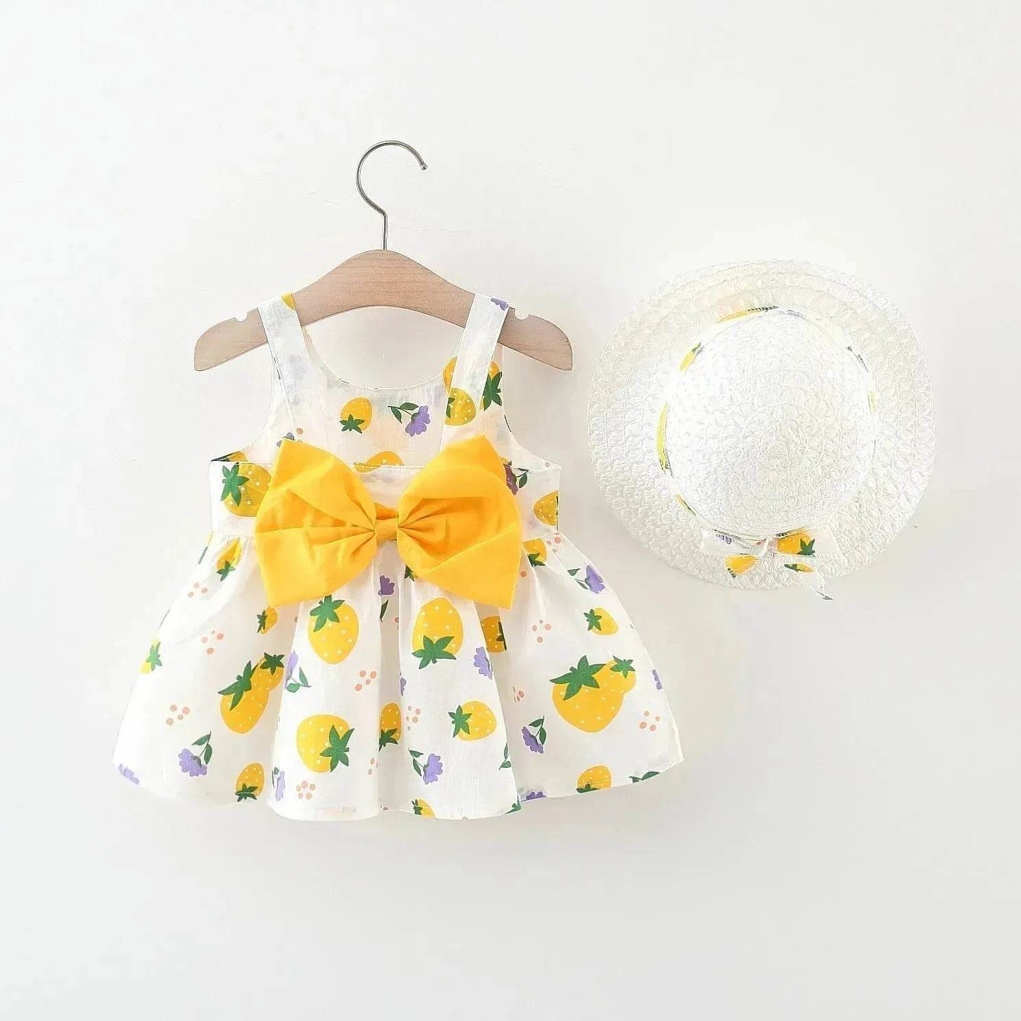 Baby Girl Floral Princess Dress with Matching Hat – Cotton Suspender Sundress for Toddlers