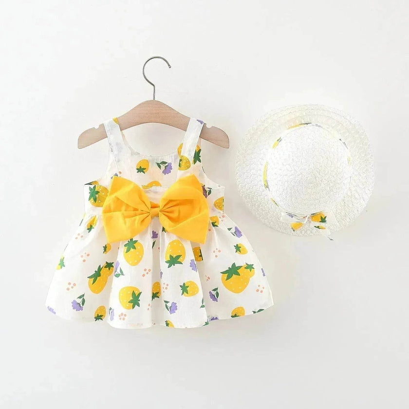Baby Girl Floral Princess Dress with Matching Hat – Cotton Suspender Sundress for Toddlers
