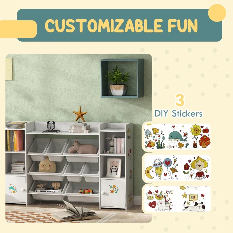 Qaba Kids Toy Organizers and Storage with 8 Removable Storage Bins and Bookshelf, White