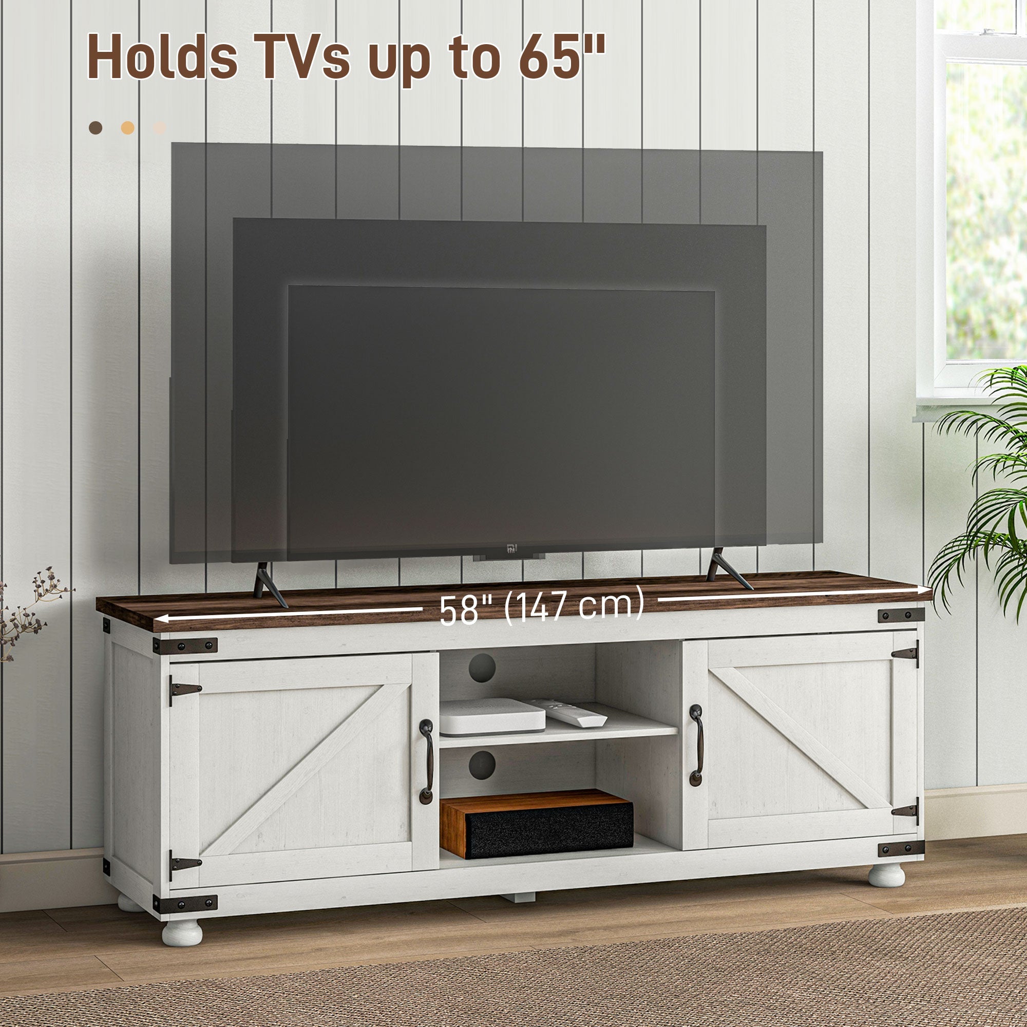 Kirby Farmhouse TV Stand with Small Minimalist Barn Doors for TVs up to 65