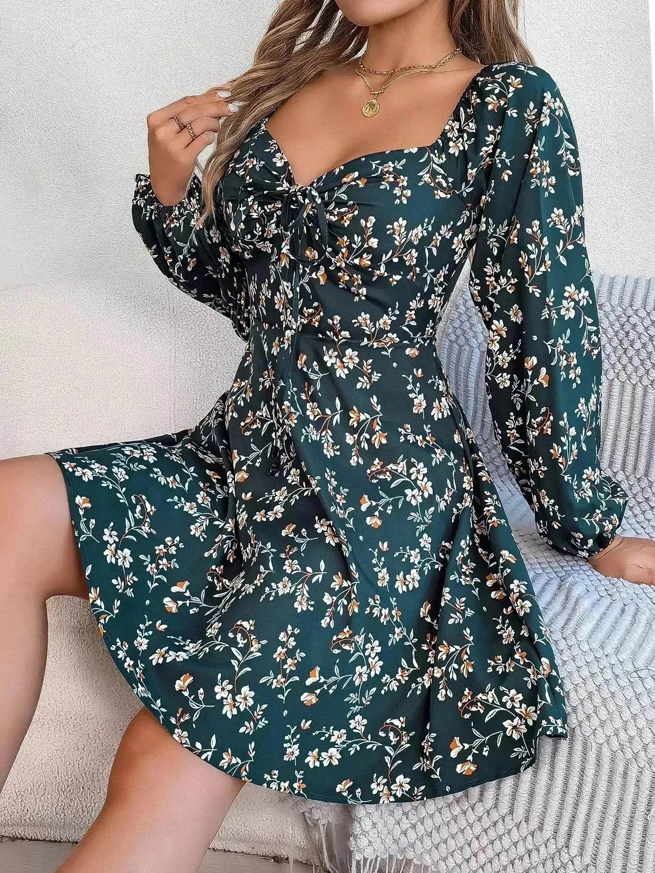 Casual Summer Floral Mini Dress Lantern Sleeve  Skater Dress
