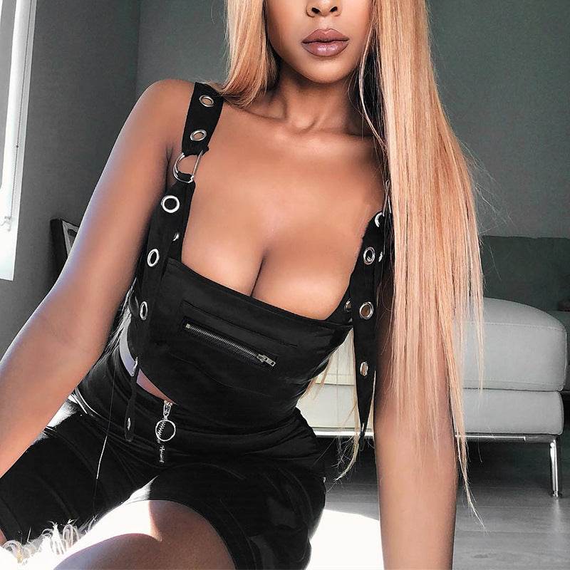 Summer Spring Black Tank Top Women Sleeveless Cropped Tops Hollow  Bustier Top Streetwear