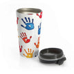 Colorful Handprint Stainless Steel Travel Mug — Kids Art Pattern, Spill‑Resistant Coffee Tumbler