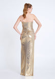 Gold Metallic Strapless Gown with Slit – Evening Dress