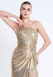 Gold Metallic Strapless Gown with Slit – Evening Dress