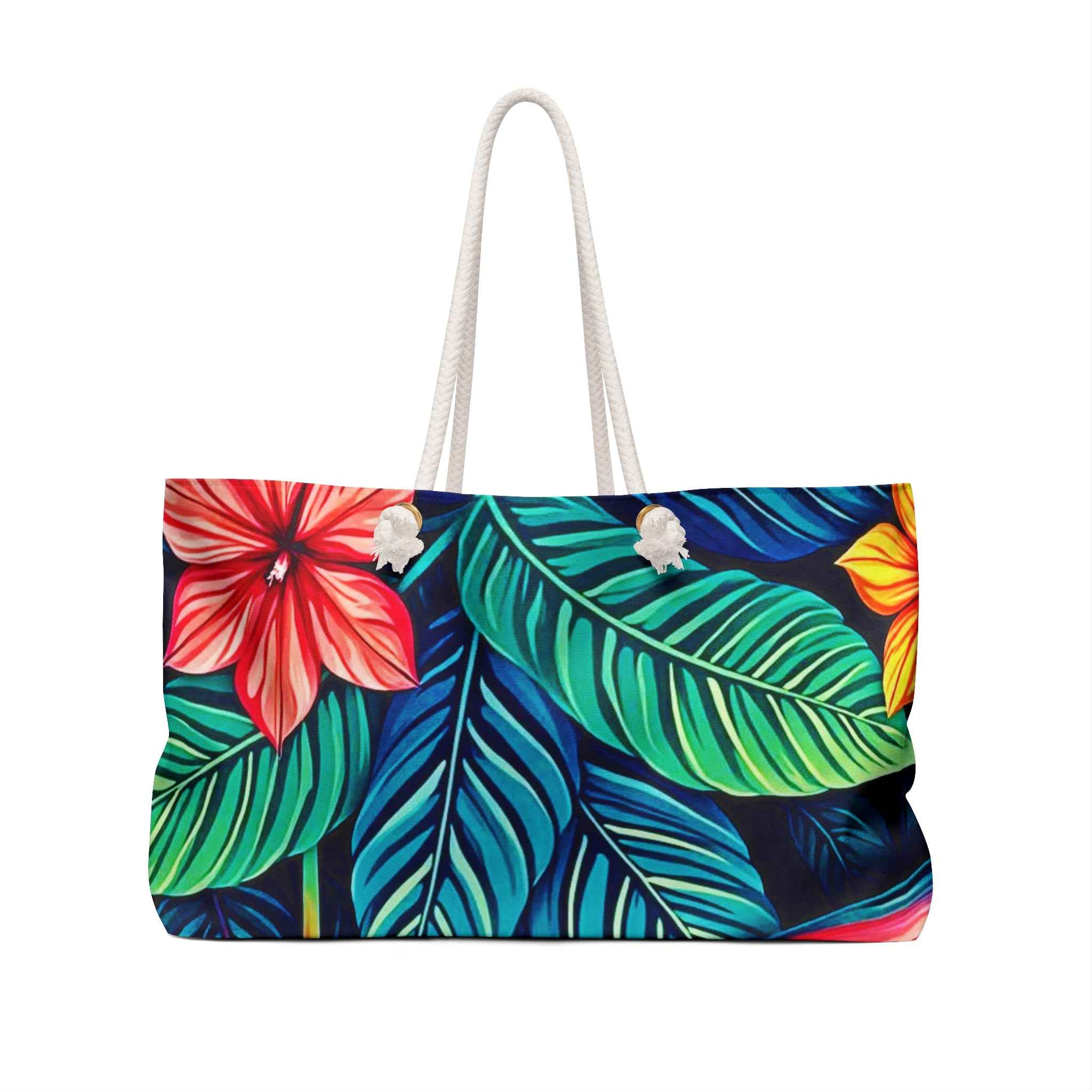 Tropical Hibiscus Floral Weekender Bag | Bird of Paradise Leaves, Large Tote Bag