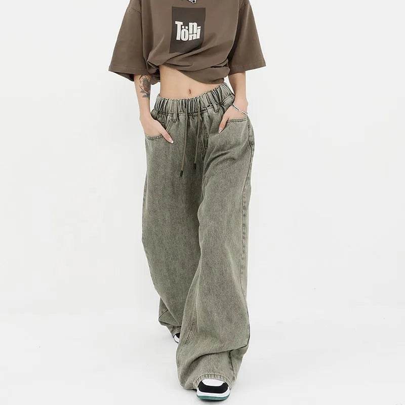 Retro Worn Looking Washed-out Drawstring Baggy Jeans Pant For Women