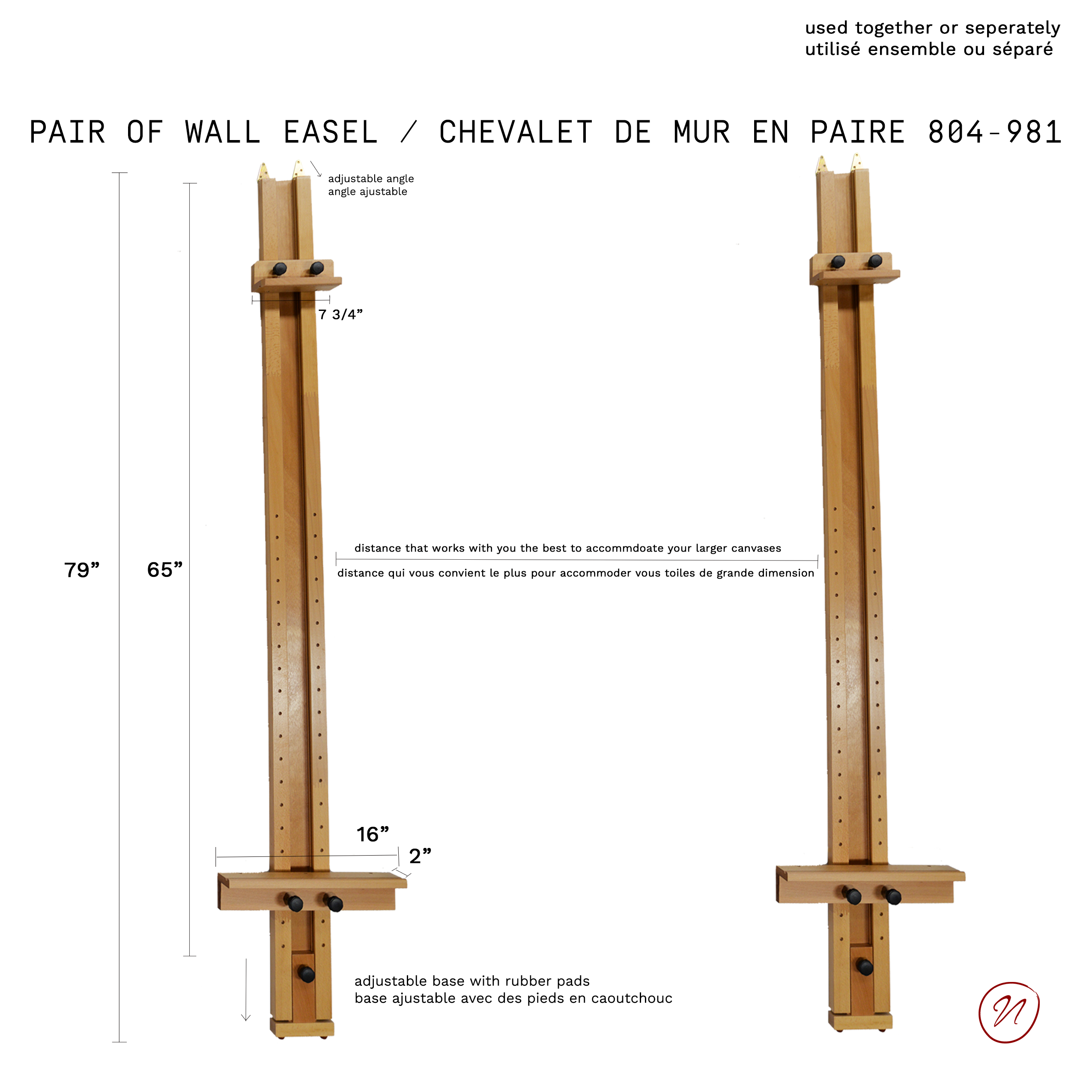 Set of 2 Adjustable Wooden Wall Easel - Accomodates Canvases up to 60