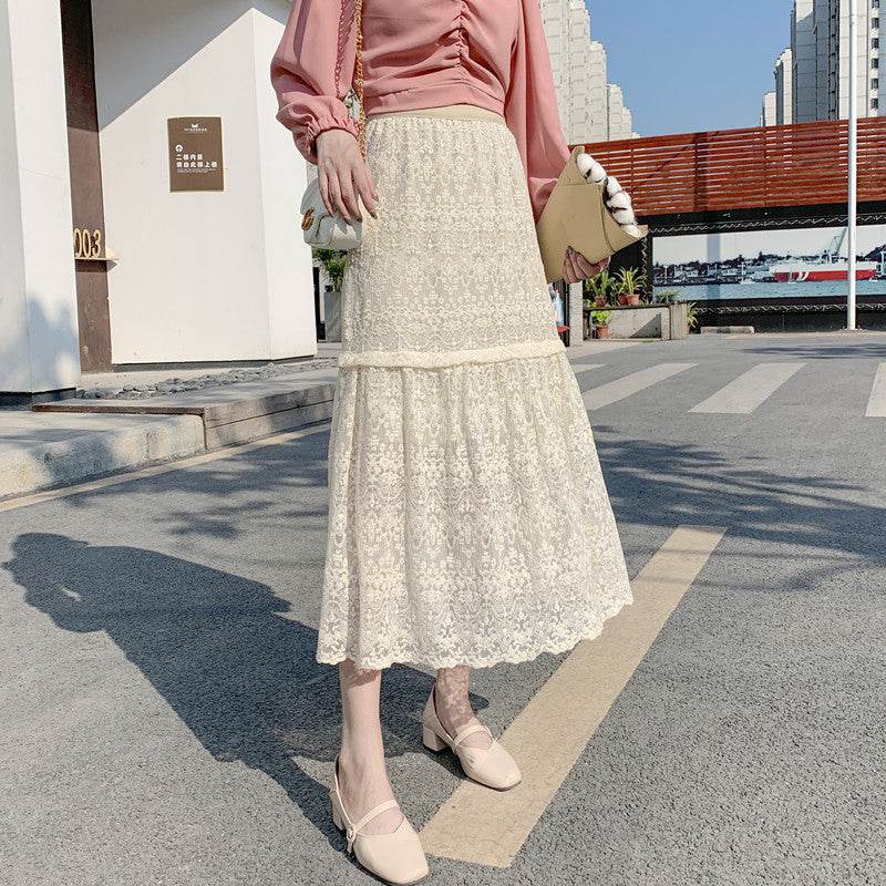 Spring Summer Women High waist Lace Midi Skirt