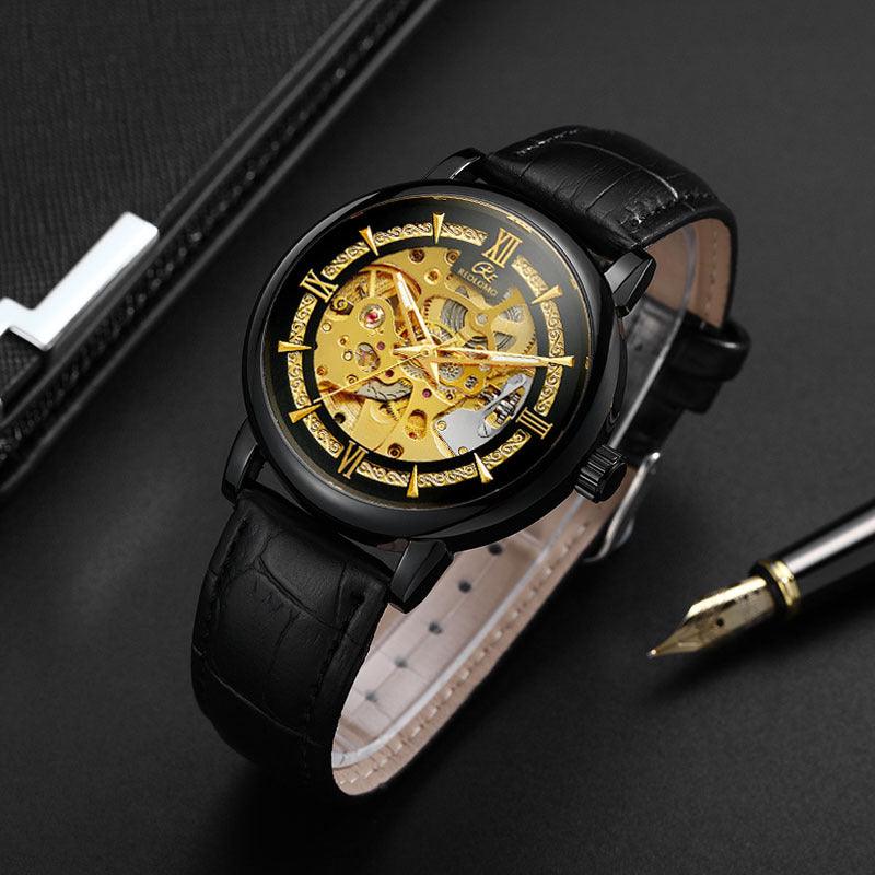 Men's Hollow-Out Mechanical Watch, Skeleton Dial Dress Watch in Gold, Silver and Black
