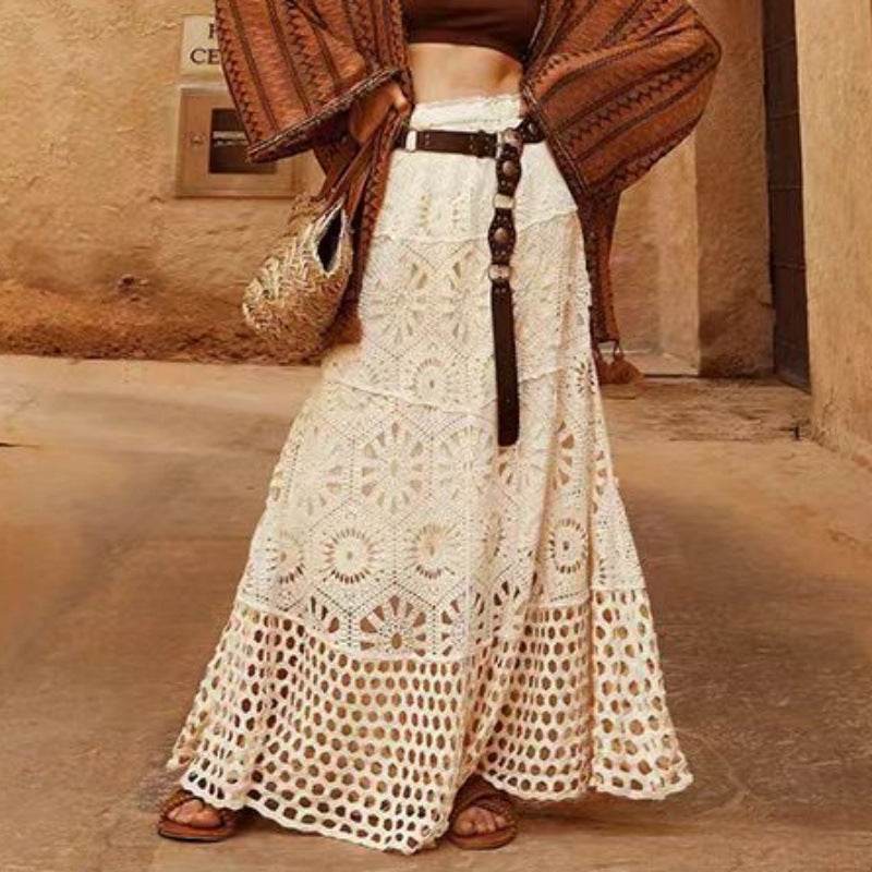Spring Summer Crochet Lace Patchwork A- Line Beach Skirt Holiday Style Hollow-out flared flowy Maxi Skirt