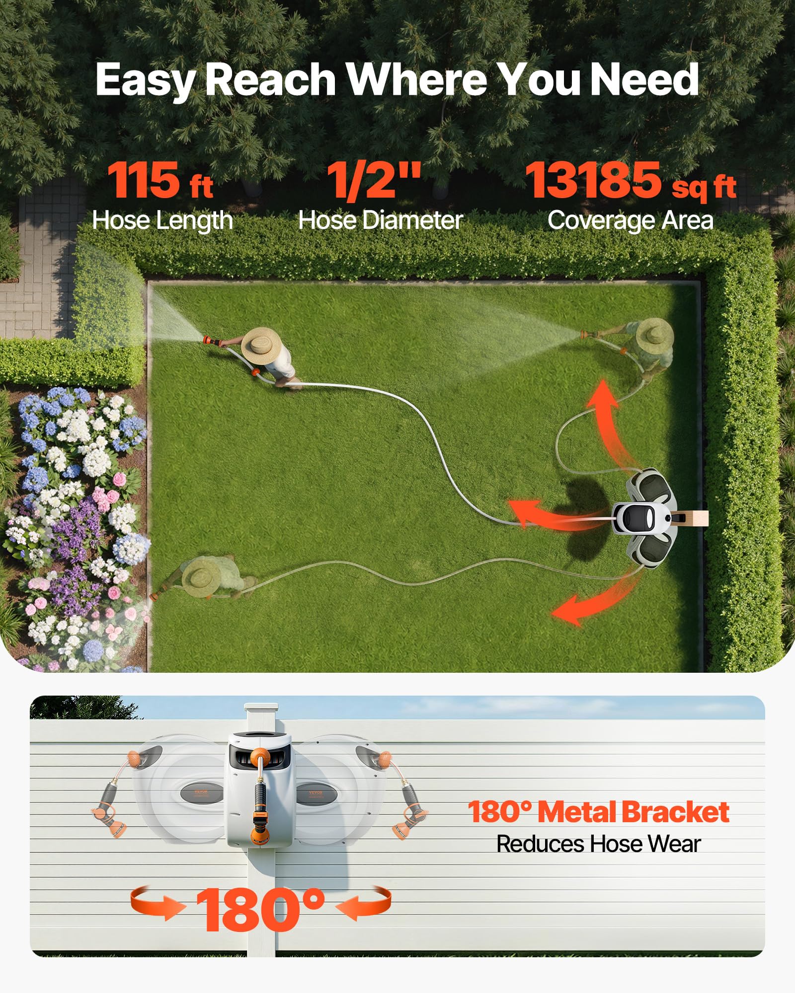 VEVOR Retractable Hose Reel, 115 ft x 1/2 inch, 180° Swivel Bracket Wall-Mounted, Garden Water Hose Reel with 9-Pattern Nozzle, Automatic Rewind, Lock at Any Length, and Slow Return System 🍁 All In One Marketplace Canada