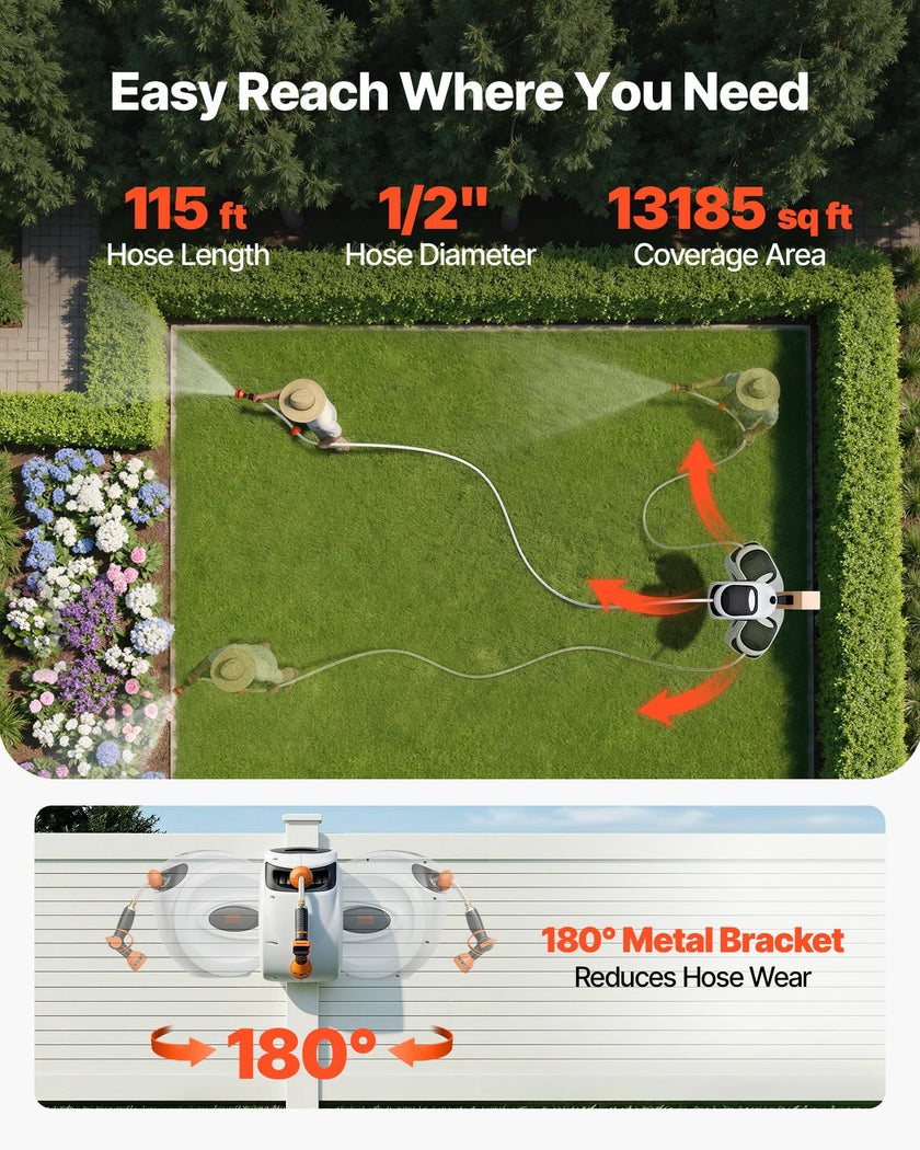 VEVOR Retractable Hose Reel, 115 ft x 1/2 inch, 180° Swivel Bracket Wall-Mounted, Garden Water Hose Reel with 9-Pattern Nozzle, Automatic Rewind, Lock at Any Length, and Slow Return System 🍁 All In One Marketplace Canada