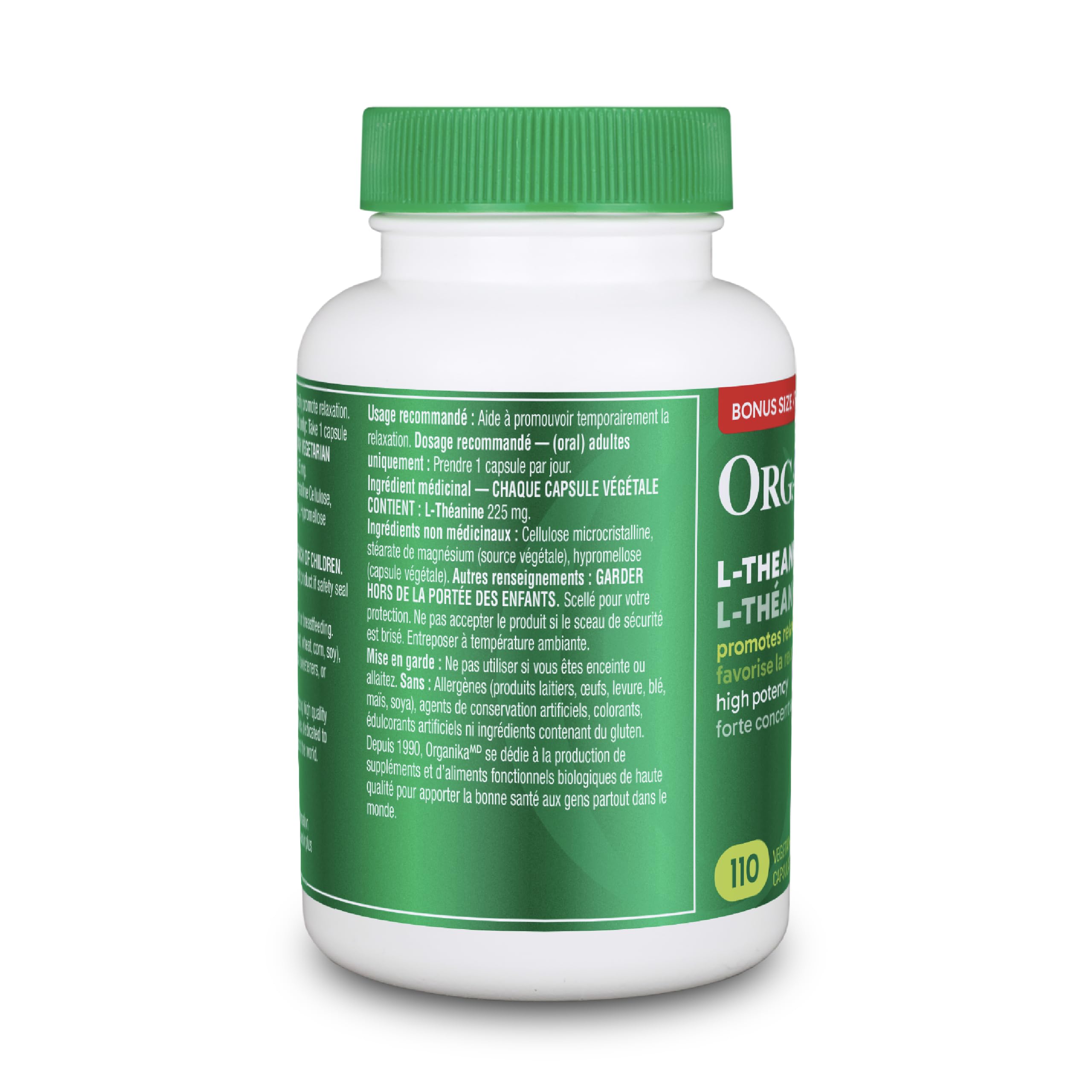 Organika Canadian-Made L-Theanine Bonus Size 225mg-Relaxation Promotion Without Drowsiness, Stress Support, Pure Natural Source, Fast Acting- 110caps 🍁 All In One Marketplace Canada