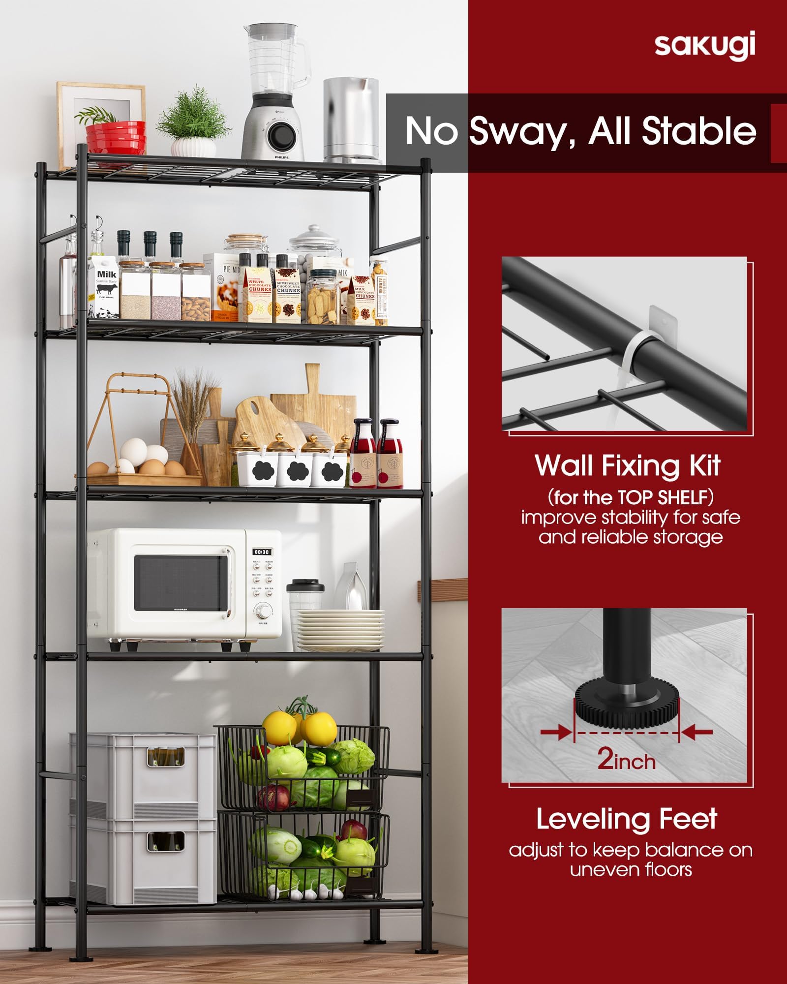 Sakugi 5 Tier Shelf - Heavy Duty Metal Storage Shelves with Adjustable Leveling Feet, Large Capacity Shelving Unit with Multiple Hooks for Kitchen, Pantry, Office (84 x 32 x 183 cm, Black) 🍁 All In One Marketplace Canada