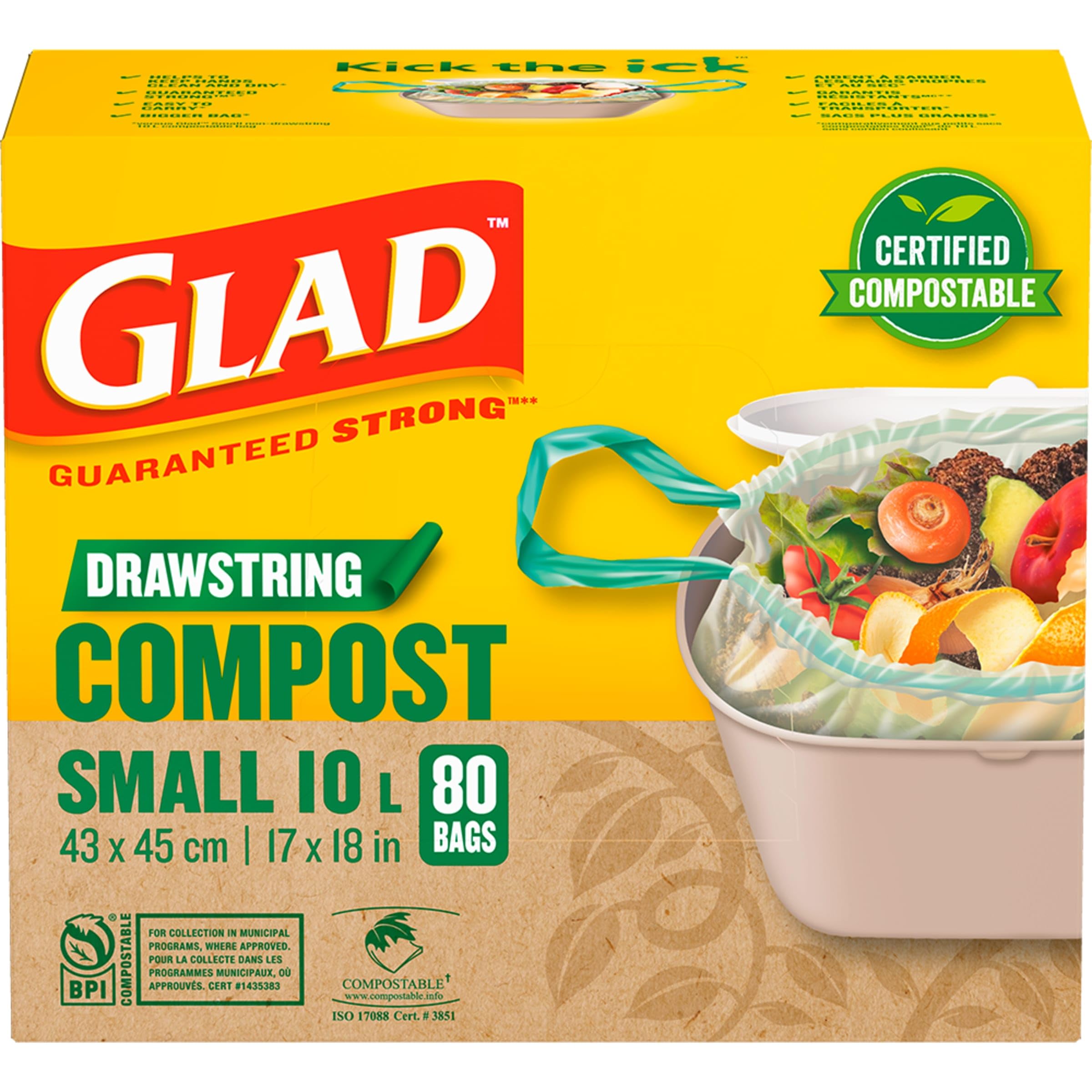Glad Certified Compostable Drawstring Bags - Small 10 Litres - Drawstring, 80 Compost Trash Bags - Unscented 🍁 All In One Marketplace Canada