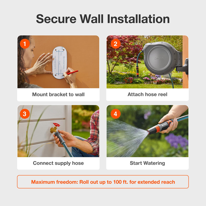 GARDENA 20505-80, 100 Foot Wall Mounted Retractable Reel with Hose Guide, Automatic retraction for Easy Watering,1/2