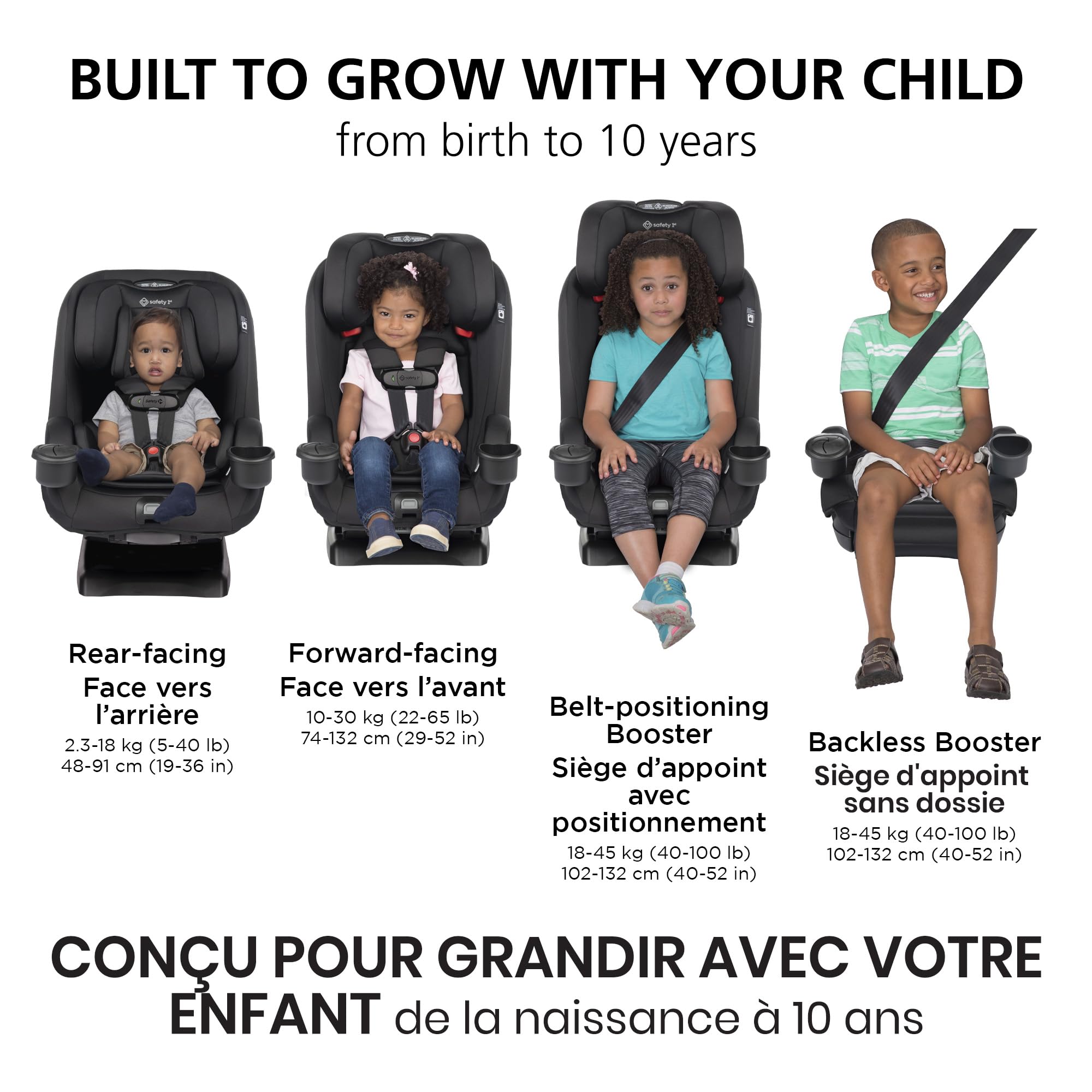 Safety 1st EverSlim 4-in-1 Convertible All-in-One Car Seat, infant to toddler, rear and forward facing, booster mode, backless booster, Fits 3 across, Washable seat, Birth to 10 years, Hexagon Horizon 🍁 All In One Marketplace Canada