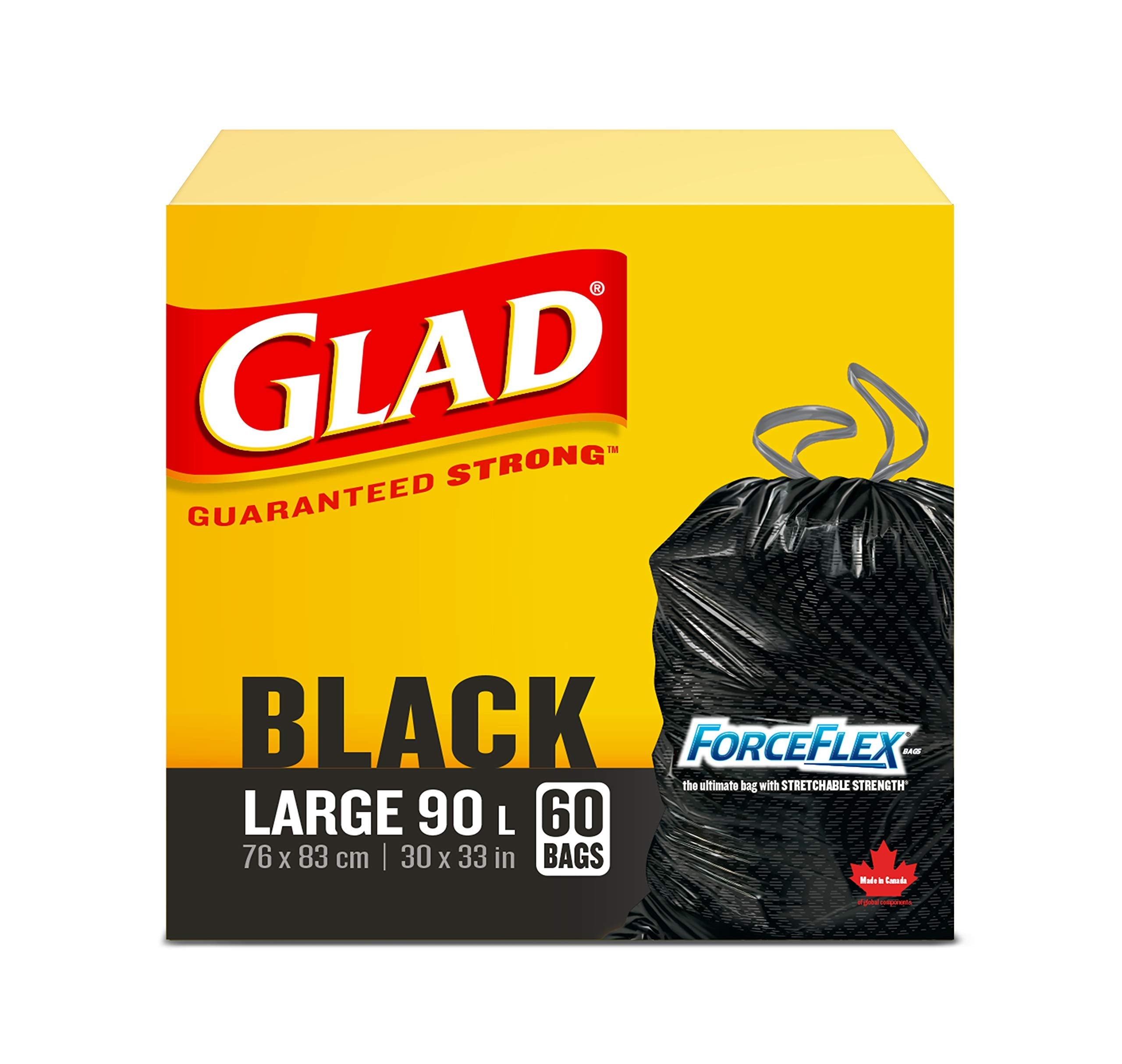 Glad Black Garbage Bags - Large 90 Litres - ForceFlex Drawstring, 60 Trash Bags, Made in Canada of Global Components 🍁 All In One Marketplace Canada