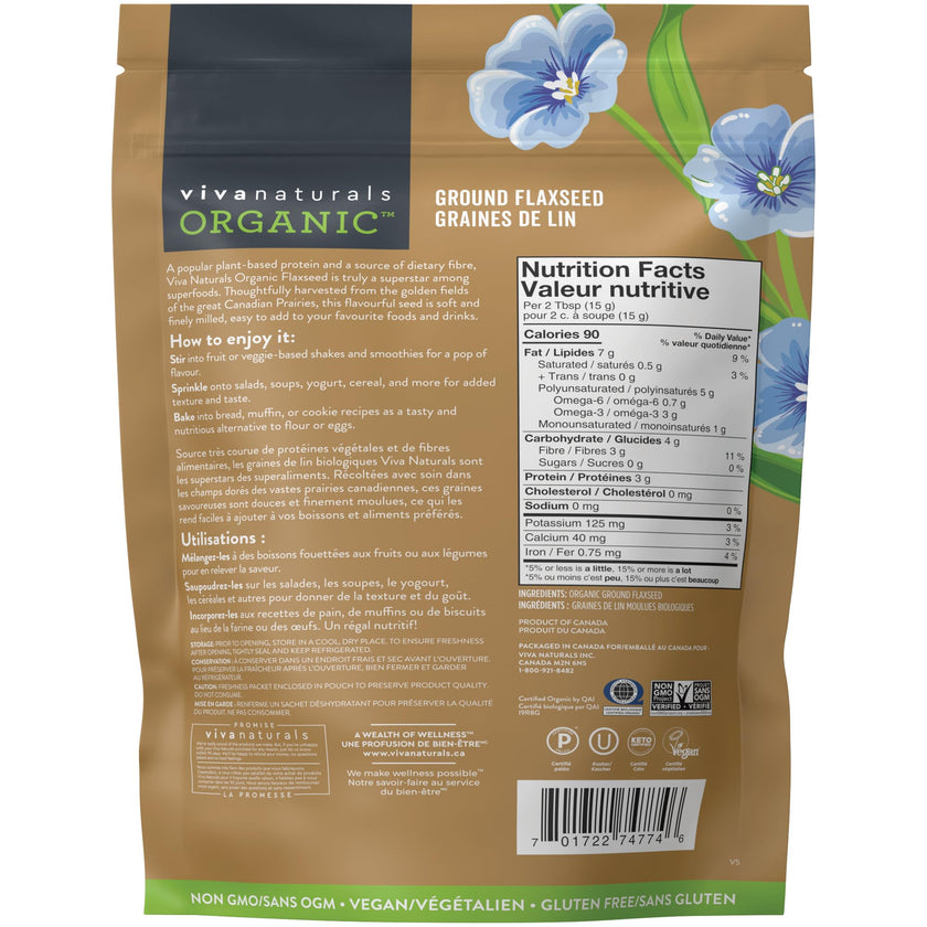 Viva Naturals Canadian-Made Organic Ground Flaxseed - Premium Flax Seeds for Baking, Smoothies - Certified Organic, Non-GMO, Keto & Vegan Friendly Graine De Lin 425 g (15 oz) 🍁 All In One Marketplace Canada