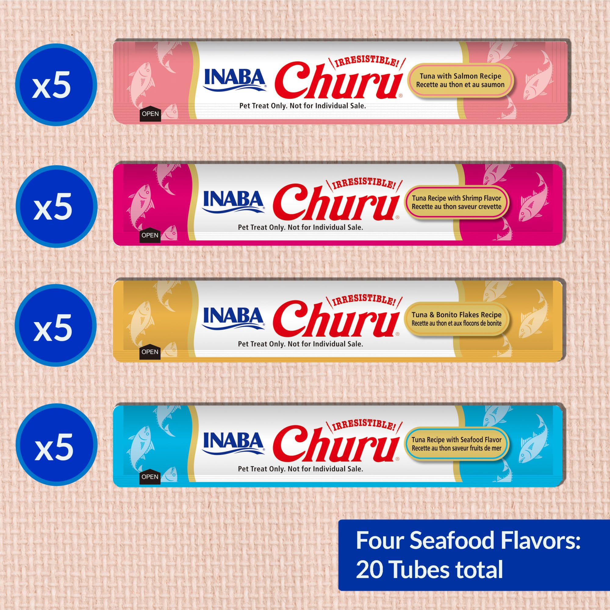 INABA Churu Cat Treats, Lickable, Squeezable Creamy Purée Cat Treat with Green Tea Extract & Taurine, 14 Grams Each Tube, 20 Tubes, Seafood Variety Box 🍁 All In One Marketplace Canada