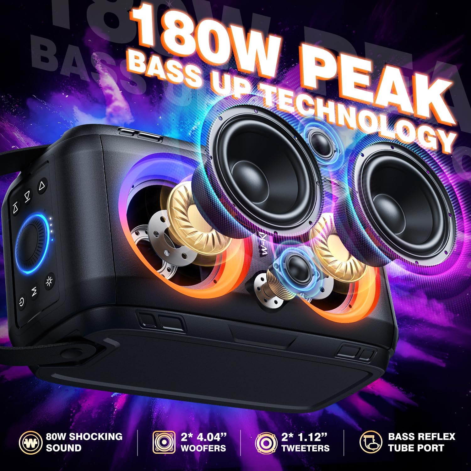 W-KING Bluetooth Speaker Loud, 180W Peak Party Portable Outdoor Haut Parleur Speaker Wireless Boom Box/4 Drivers(2 * 4.04’’ Woofer)-80W Deep Bass Tube, Huge 115dB Sound, Lights/IPX5/EQ/24H/USB/TF/AUX 🍁 All In One Marketplace Canada