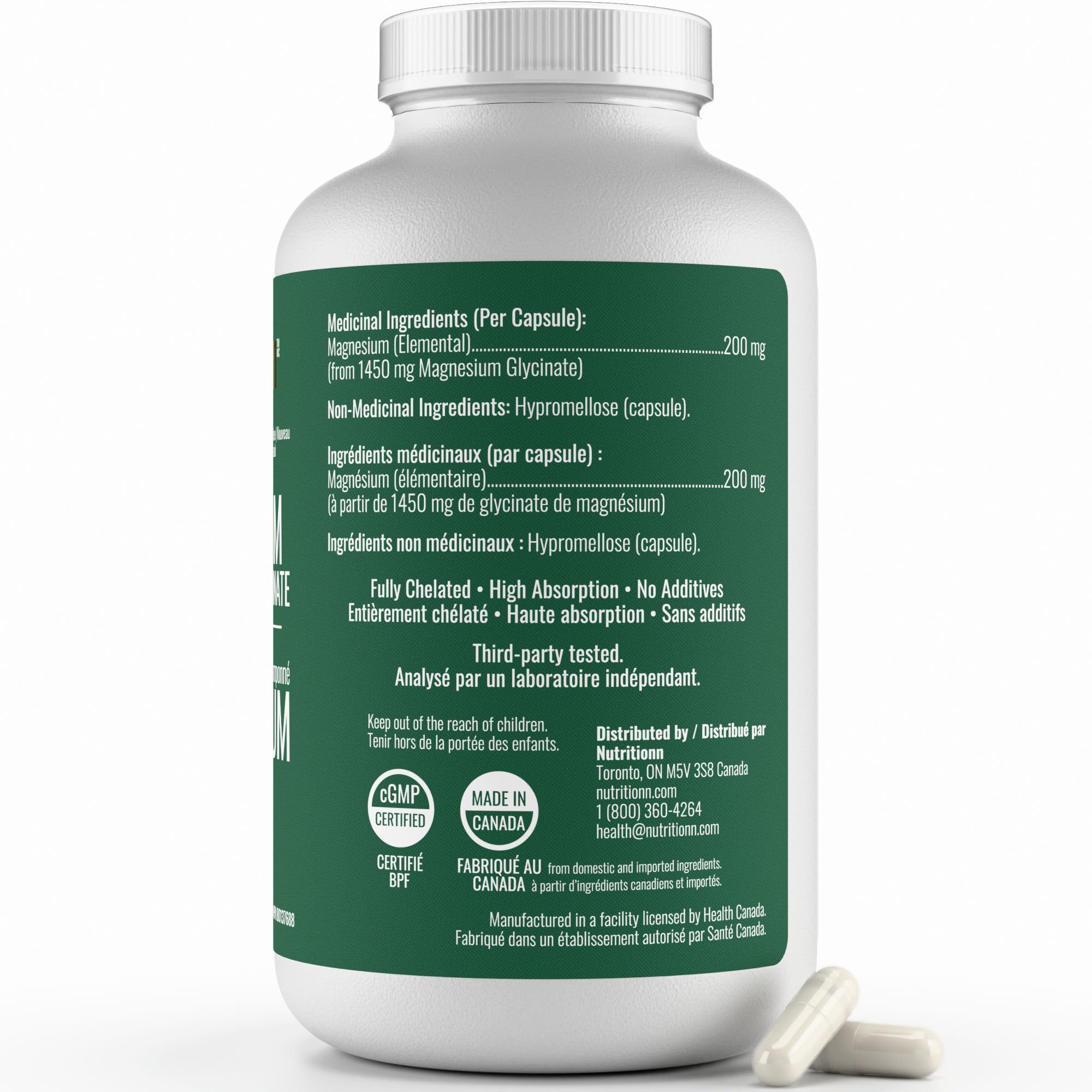 Magnesium Glycinate 200 mg Capsules (Elemental) from Non-Buffered Fully Chelated 100% Magnesium Bisglycinate - 300 Max-Capacity High-Absorption Capsules - Made in Canada - Nutritionn 🍁 All In One Marketplace Canada