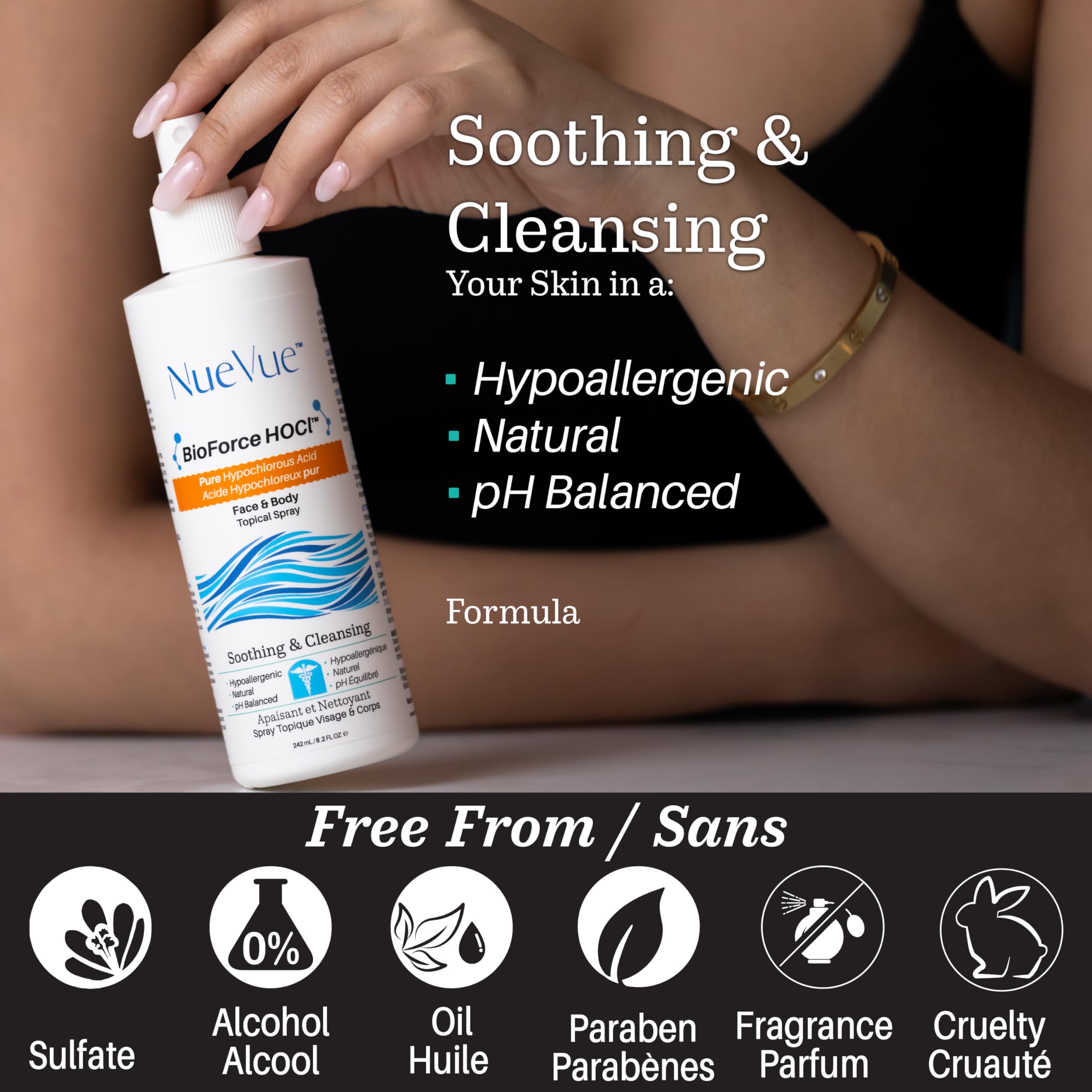 BioForce 1 Liter Hypochlorous Acid Spray Refill For Face & body - Acne-Prone Skin & Eczema, Piercing aftercare, Tattoo Aftercare, Made in Canada, All-in-One Gentle facial Cleanser & Toner, pH Balanced, Hypoallergenic & Non-comedogenic by NueVue (33.8 fl o