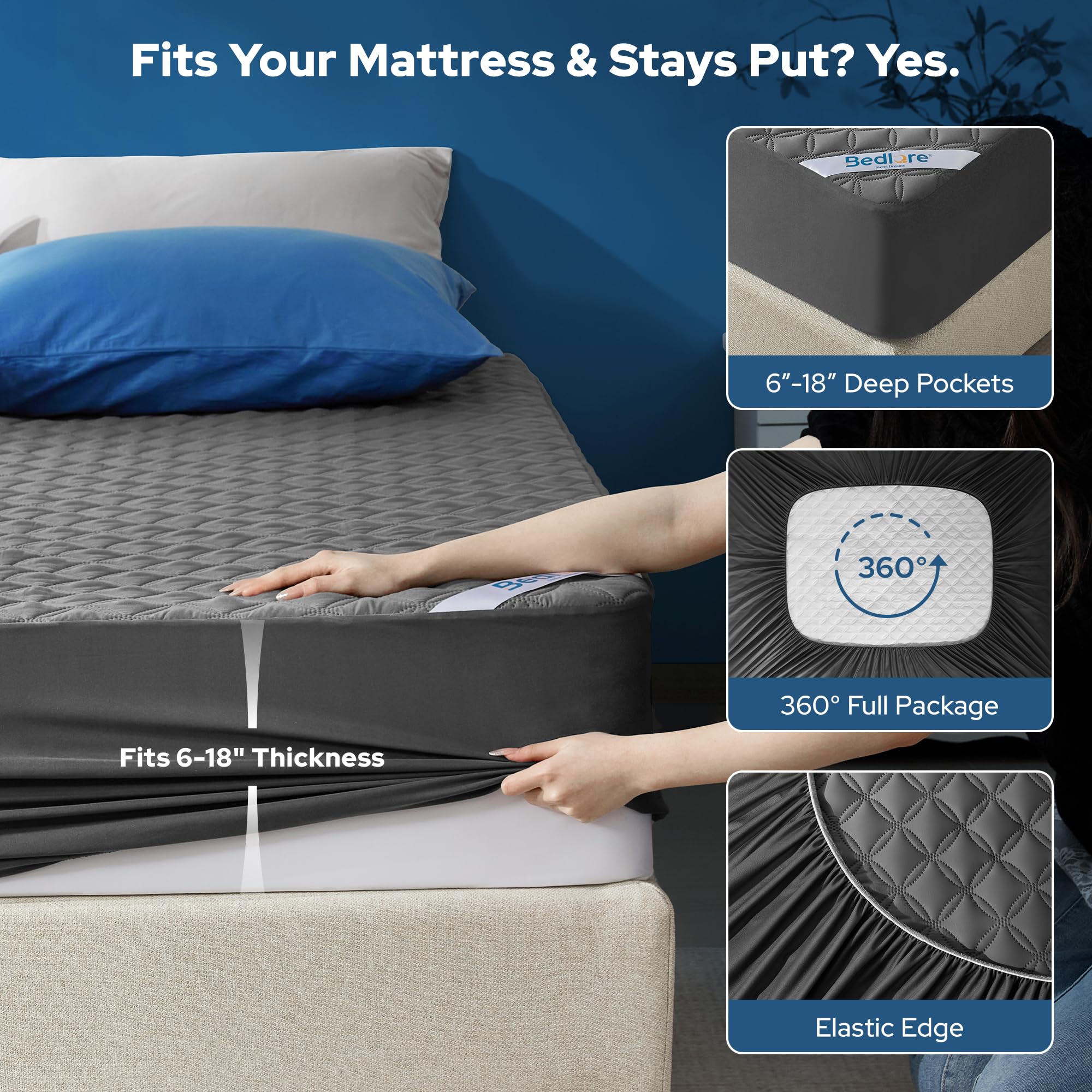 Waterproof Mattress Protector, Noiseless Queen Size Mattress Pad with Deep Pocket Fitted Up to 6