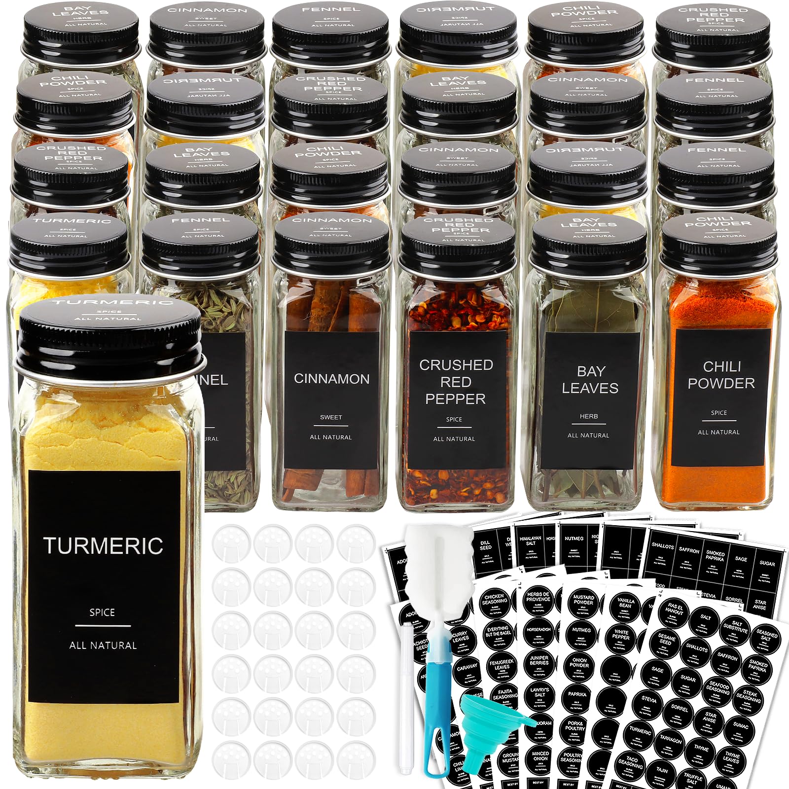 AISIPRIN 24 Pcs Glass Spice Jars with 398 Labels, 4oz Empty Square Containers Seasoning Bottles - Shaker Lids, Funnel, Brush and Marker Included(Black Metal Caps) 🍁 All In One Marketplace Canada