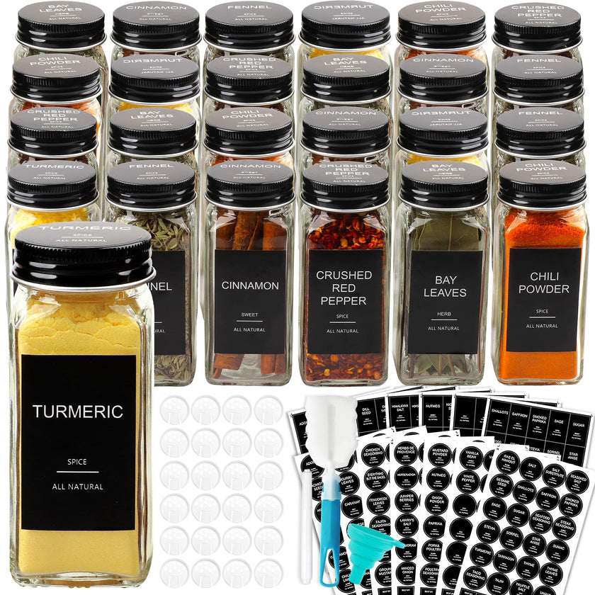 AISIPRIN 24 Pcs Glass Spice Jars with 398 Labels, 4oz Empty Square Containers Seasoning Bottles - Shaker Lids, Funnel, Brush and Marker Included(Black Metal Caps) 🍁 All In One Marketplace Canada