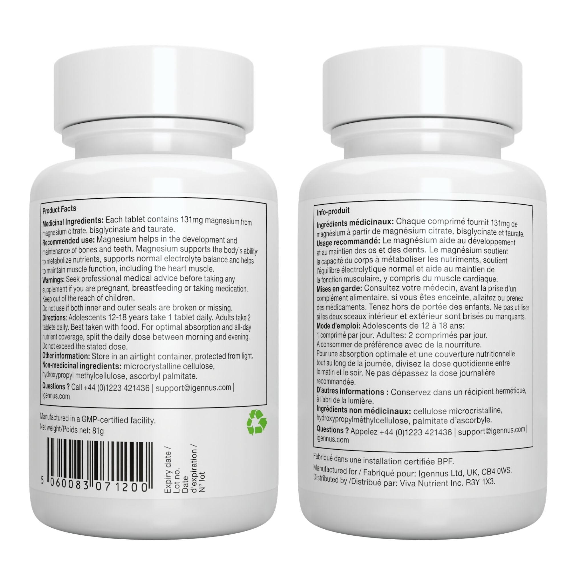 Igennus Superior Triple Magnesium Complex, 262mg Body-Ready Elemental Magnesium, Taurate, Glycinate & Citrate, High Absorption, Fully Reacted & Chelated, Clean Label, Non-Buffered, 60 Vegan Tablets 🍁 All In One Marketplace Canada