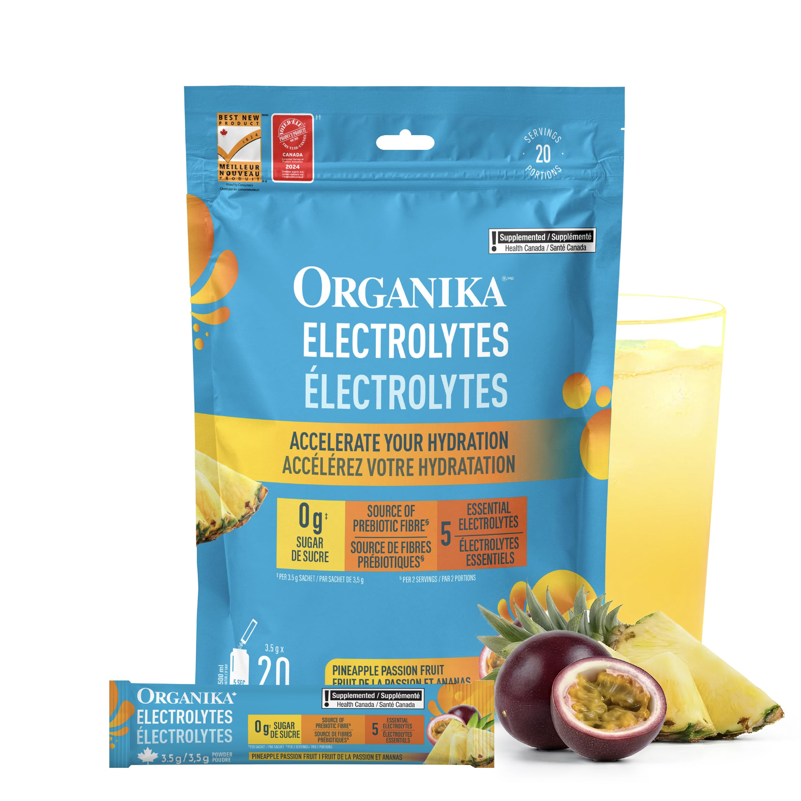 Organika Canadian-Made Electrolytes Powder with Vitamin C & Prebiotic Fibre - Sugar-Free Hydration Drink Mix - Pineapple Passionfruit - 20 Single-Serve Sachets x 3.5g 🍁 All In One Marketplace Canada