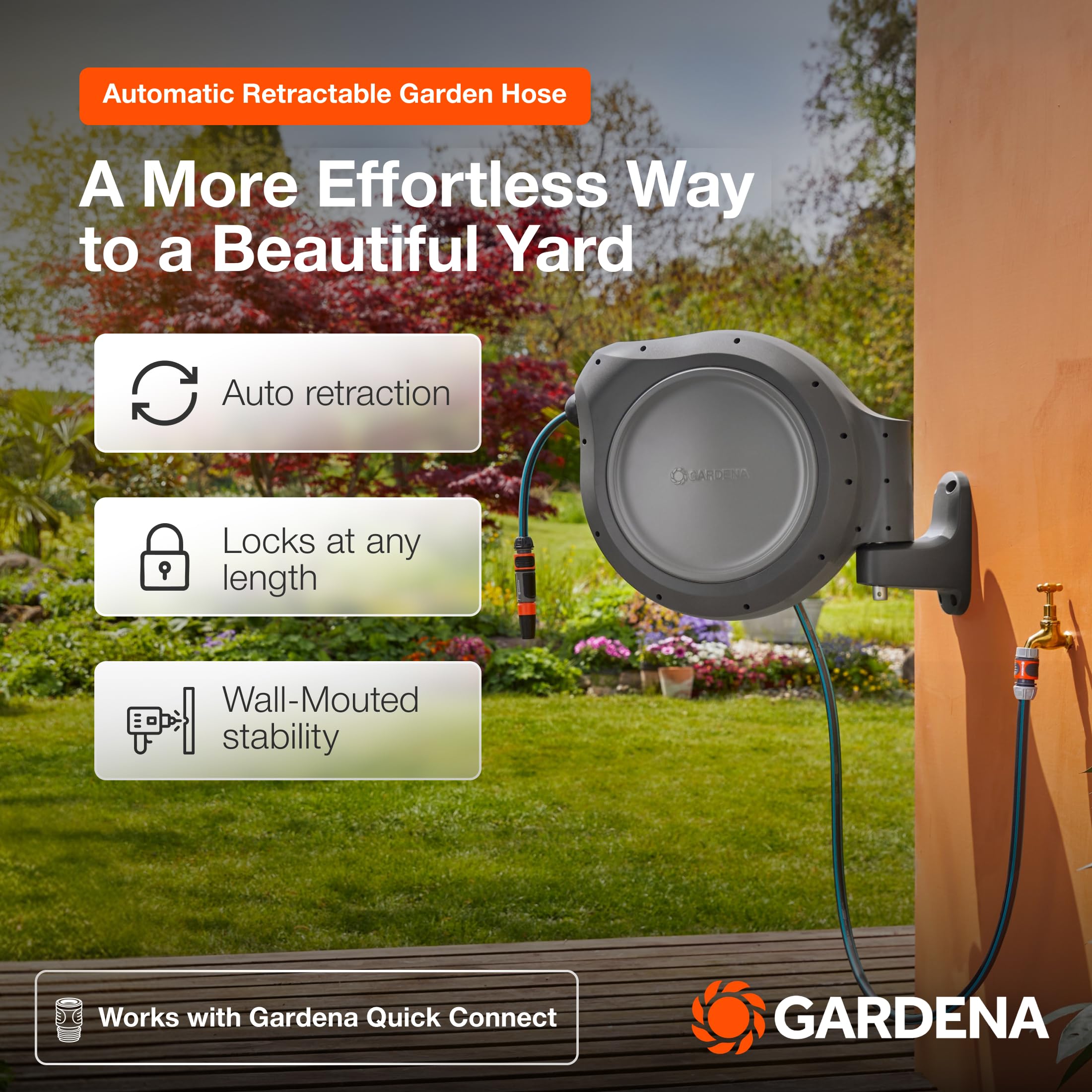 GARDENA 20505-80, 100 Foot Wall Mounted Retractable Reel with Hose Guide, Automatic retraction for Easy Watering,1/2