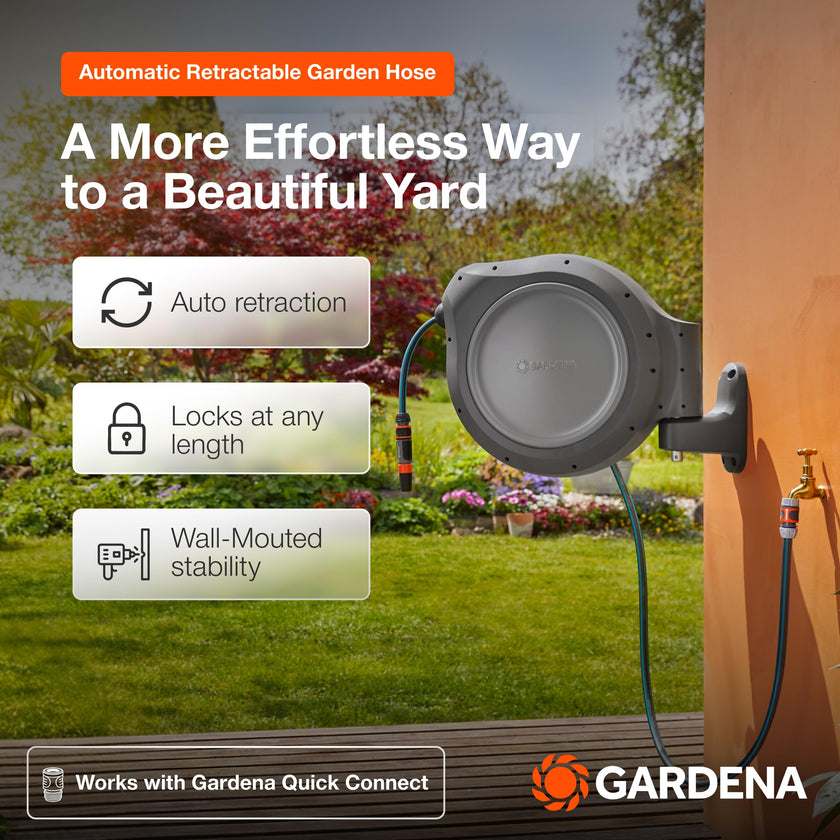 GARDENA 20505-80, 100 Foot Wall Mounted Retractable Reel with Hose Guide, Automatic retraction for Easy Watering,1/2