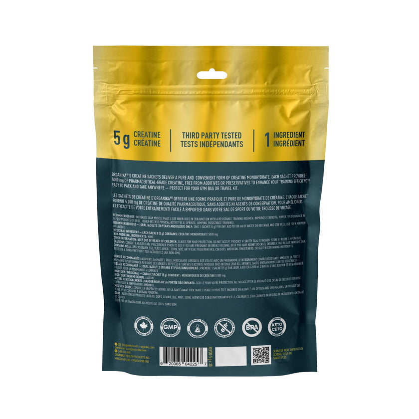 Organika Canadian-Made Creatine Powder- Pure Micronized Creatine Monohydrate - Helps Build Lean Muscle, Increase Strength, and Improved Recovery and Performance for Men and Women- 30 x 5g sachets 🍁 All In One Marketplace Canada