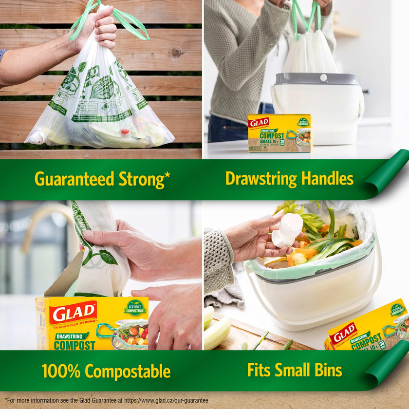 Glad Certified Compostable Drawstring Bags - Small 10 Litres - Drawstring, 80 Compost Trash Bags - Unscented 🍁 All In One Marketplace Canada