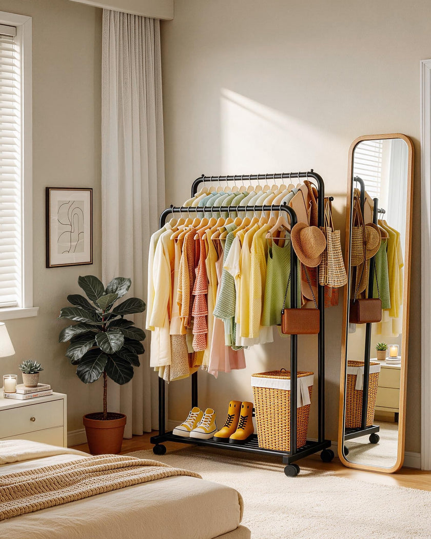 Sakugi Double-Rod Metal Clothing Rack with Wheels, Black 🍁 All In One Marketplace Canada