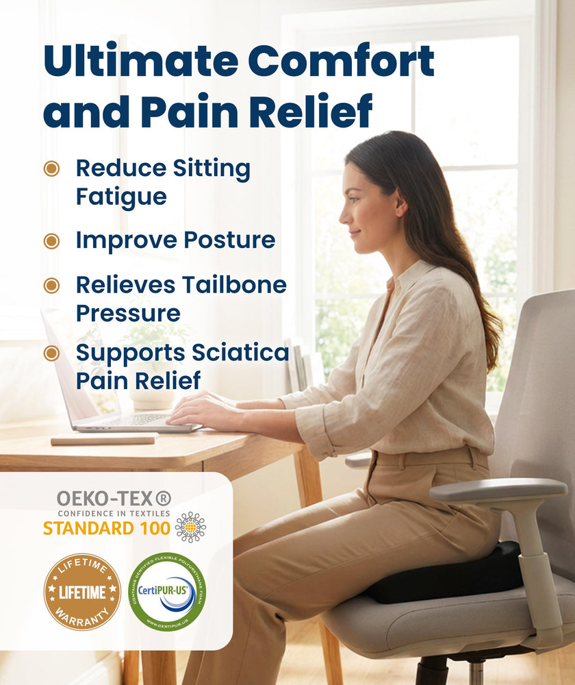 Everlasting Comfort Doctor Recommended Memory Foam Seat Cushion for Office Chairs & Car - Ergonomic Office Desk Accessories - Cushions for Tailbone Pain Relief, Sciatica (Black, Large) 🍁 All In One Marketplace Canada