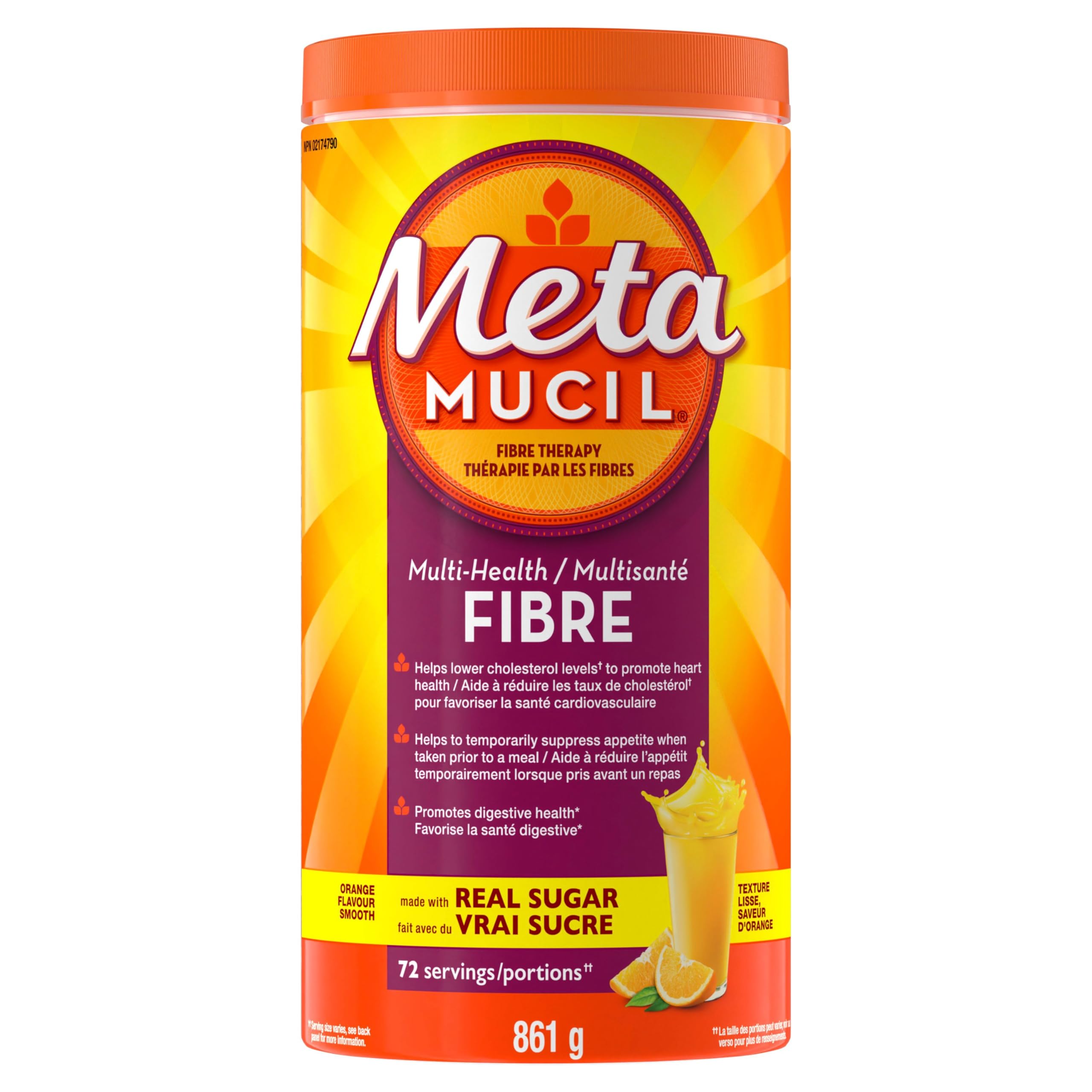 Metamucil Daily Fibre Supplement, Real Sugar, Orange Flavour Psyllium Husk, Multi-Health Benefit Daily Fibre Supplement, Plant-Based, Gluten-Free Powder, 72 Servings 🍁 All In One Marketplace Canada