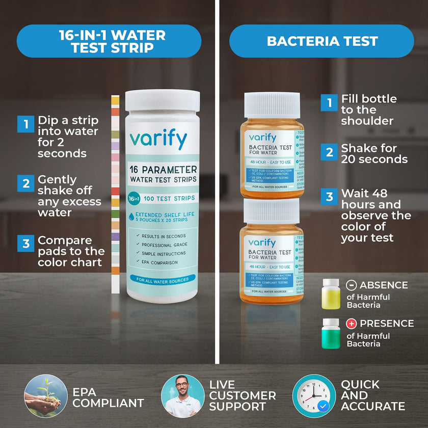 17 in 1 Premium Drinking Water Test Kit - 100 Strips + 2 Bacteria Tests - Home Water Quality Test - Well and Tap Water - Easy Testing for Lead, Bacteria, Hardness, Fluoride, pH, Iron, Copper and more! 🍁 All In One Marketplace Canada