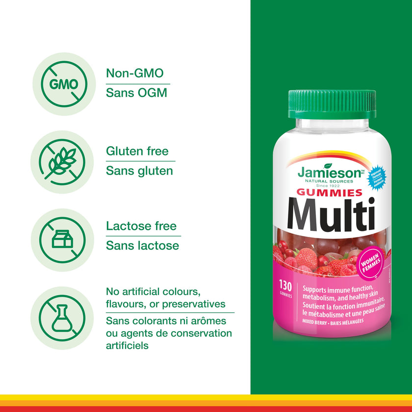 Jamieson Multivitamin Gummies for Women, 130 Gummies Mixed Berry Flavour. Supports Bone Health, Immunity, Energy, Hair, Skin Nails. With Biotin and Vitamin B12, Vegetarian, Non-GMO 🍁 All In One Marketplace Canada