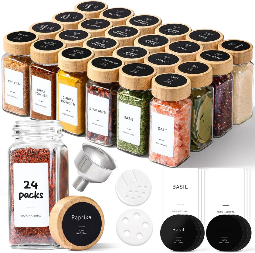 ComSaf 4oz 24Pcs Glass Spice Jars with Bamboo Lids, Empty Spice Containers with 93 Labels, Square Seasoning Containers Trial and Supplement Set, Small Seasoning Bottles for Salt, Herbs, Sugar, Pepper 🍁 All In One Marketplace Canada