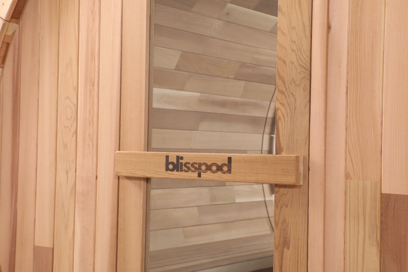 Blisspod, Prague, Canadian Red Cedar Outdoor Steam Barell Sauna, 2-4 / 4-6 persons with Full Glass Back & 2 front Porch seats