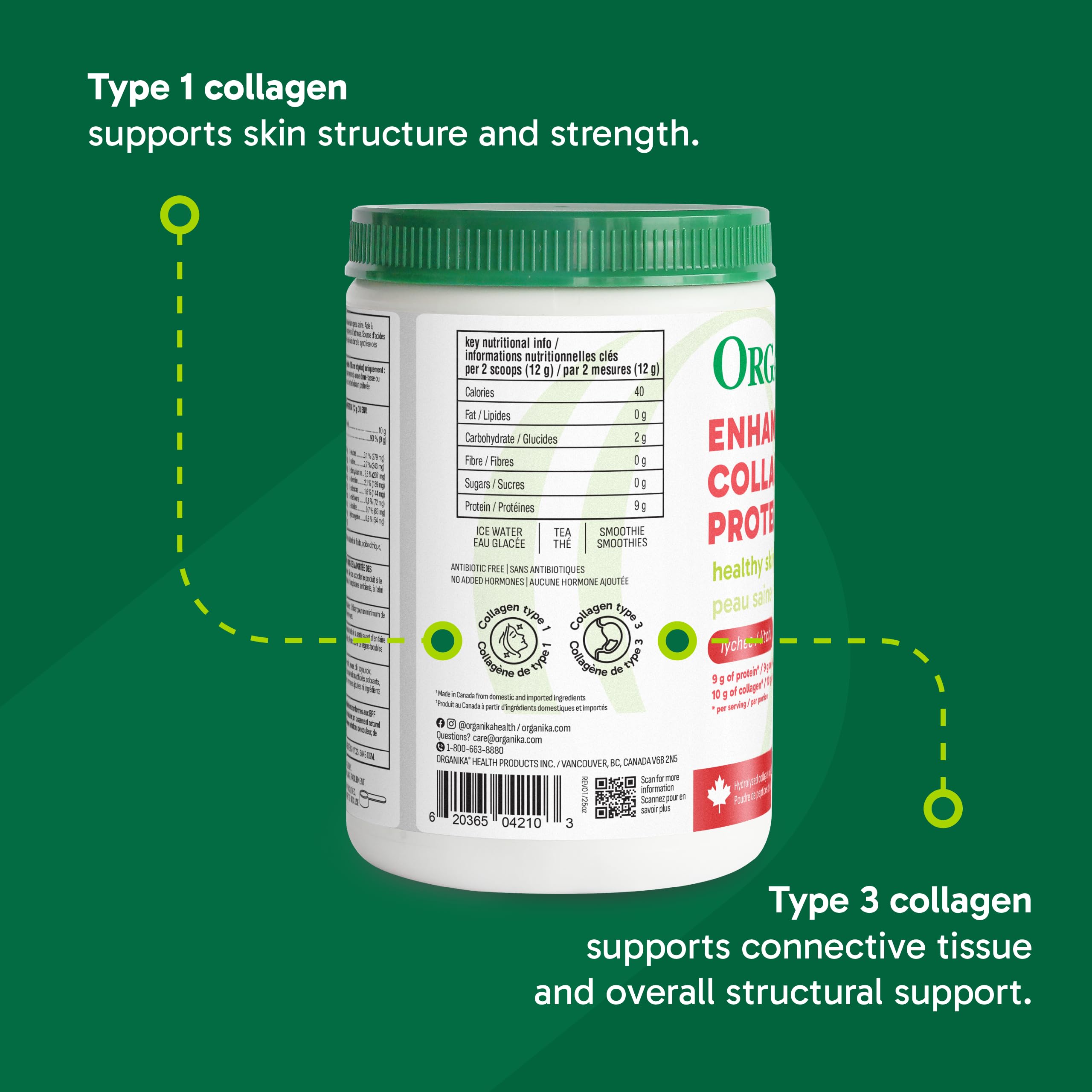 Organika Canadian-Made Enhanced Collagen Protein Powder- Lychee Flavour - Delicious flavour, High Protein Content - Hydrolyzed For Better Absorption – Grass-Fed, Non-GMO - 252g 🍁 All In One Marketplace Canada